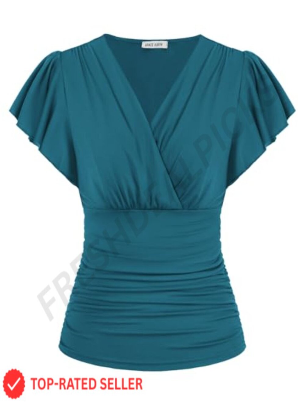Womens Ruffle Sleeve Wrap Blouse Ruched Waist V-Neck Short Sleeve Top
